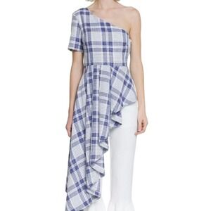Endless Rose Women's Navy Plaid One Shoulder Asymmetrical Ruffle Top Size S NWT
